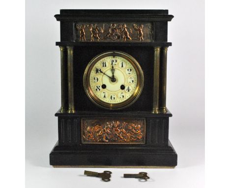 A 19th century French brass and copper decorated slate mantle clock, H. 31cm.