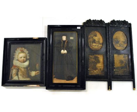 A Victorian two-fold fire screen and two framed prints of Elizabethan subjects, screen height 84cm.