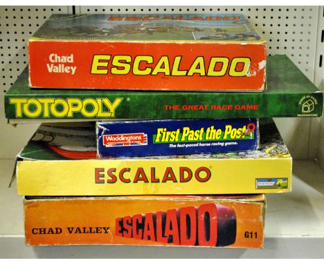 Five vintage board games including three Escalado, a Totopoly and First Past The Post.