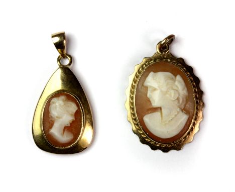 Two 9ct yellow gold mounted cameo pendants.