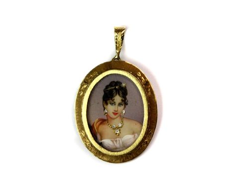 An 18ct yellow gold mounted hand painted portrait brooch/pendant set with diamonds, L. 3.2cm.