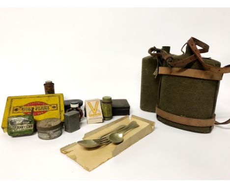 A quantity of mixed British World War II field items, including cigarette packets, a pair of spectacles and two British Army 