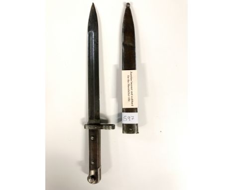 A World War II Austrian bayonet and scabbard for the Mannlicher rifle.