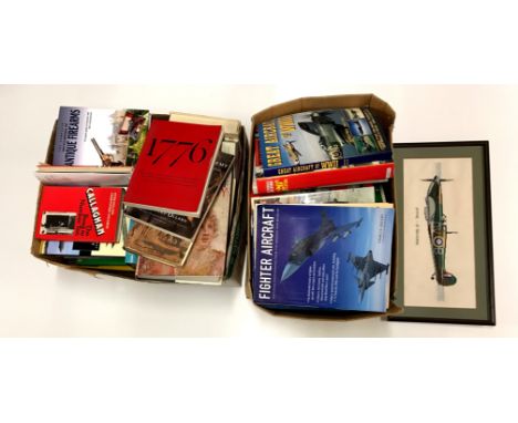 Two boxes of mixed military related books and a one tapestry.