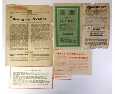 Three original safe conduct leaflets for German soldiers, and a printed leaflet dated May 1941 from the Prime Minister Winsto