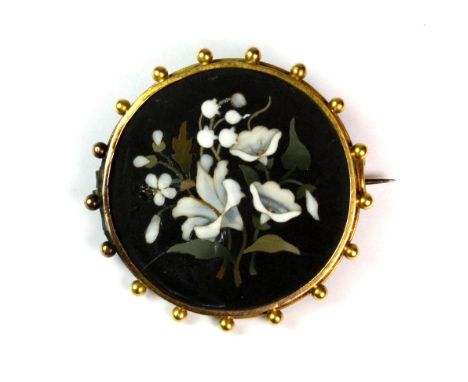 A yellow metal (tested 18ct gold) mounted pietra dura mosaic brooch (small flower a/f), L. 3.2cm.