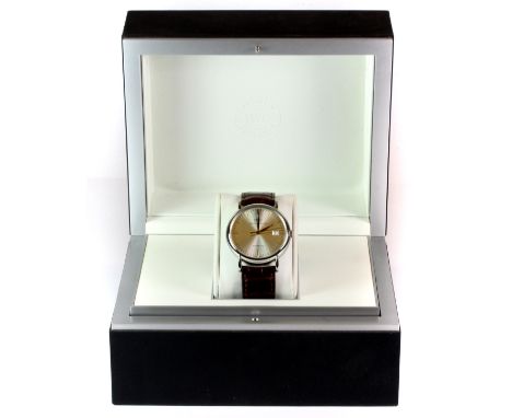 A boxed gentleman's stainless steel automatic IWC Schaffausen wrist watch with a leather strap. Please note this is a credit 