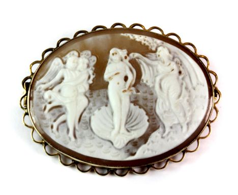 A yellow metal (tested minimum 9ct gold) mounted cameo brooch depicting the birth of Venus after Boticelli, L. 5cm.