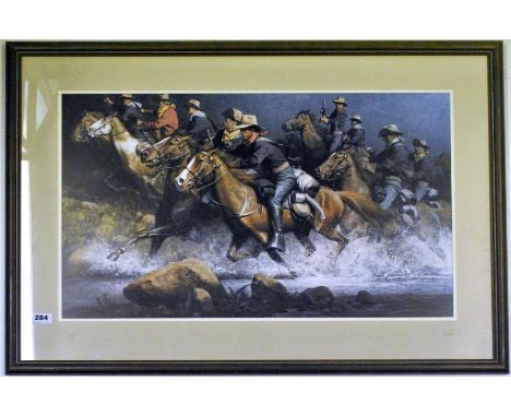 A large framed print of "Cowboys", after M. Cantry. Frame size H. 96cm W. 67cm.