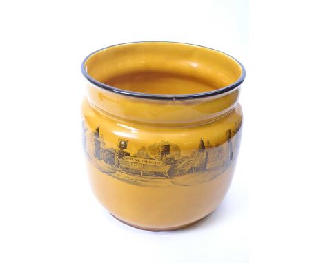 Doulton jardiniere in treacle glaze with garden scene and bench with title Rest for the Weary, 21cm high