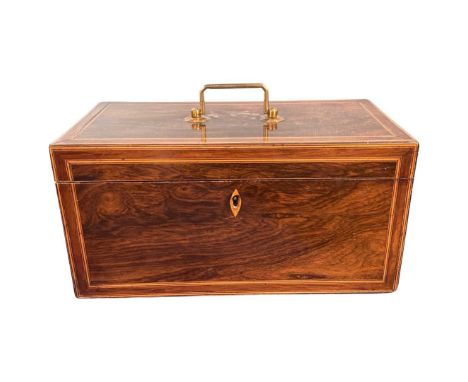 19th Century mahogany tea caddy, interior with two compartments with inlay and centre compartment for glass cylinder, the ext