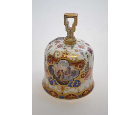 19th Century Dresden table bell decorated in Meissen fashion, blue AR mark to base (handle re-stuck)