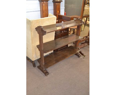 Late 19th Century dark oak three tier shelf or buffet stand with pillared side supports, 118cm wide