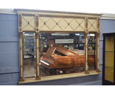 Large 19th Century three panel over mantel mirror set in a cream and gilt painted frame with corinthian column and foliate de