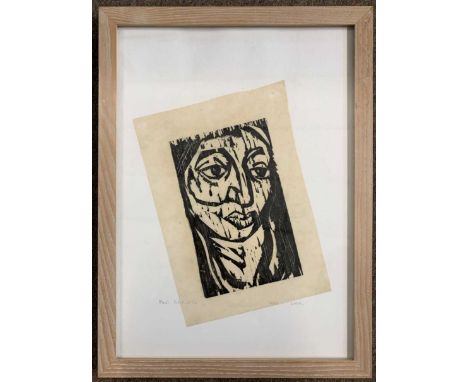 Paul Christie (British, 20th century), portrait wood block print, signed in pencil, 15x10.5ins, framed and glazed.