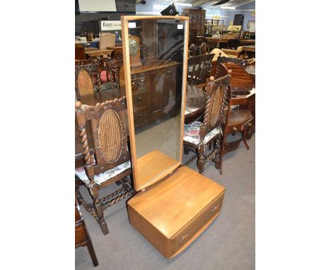 Blonde Ercol dressing mirror with single drawer base, 152cm high
