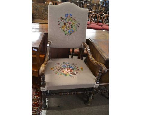 William and Mary period walnut armchair reupholstered with floral tapestry, 117cm high