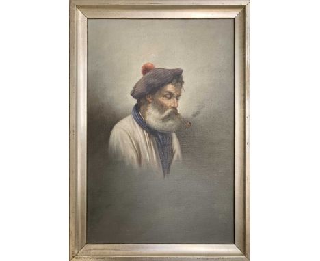 Italian School, 19th century, portrait of a an elderly, capped gentleman with pipe, oil on canvas, framed.