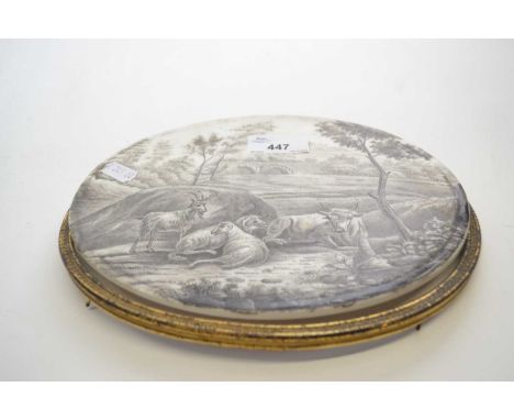 Porcelain plaque with sepia style decoration of a pastoral scene, 23cm long