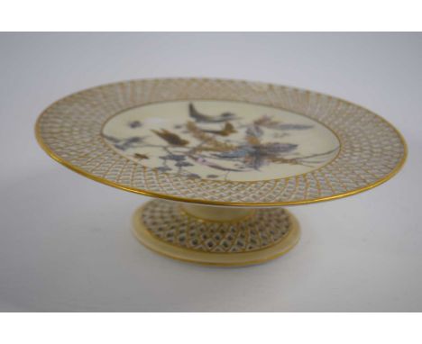 Continental Pirkehamer comport in Worcester style decorated in gilt with birds and butterflies within a pierced rim, 21cm dia