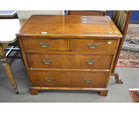 Early 18th Century walnut veneered chest of two short and two long drawers fitted with brass swan neck handles raised on brac