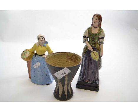 Model of a Scottish flower seller signed M Buchan dated 1934 together with a small Studio Pottery vase and a Goldscheider for