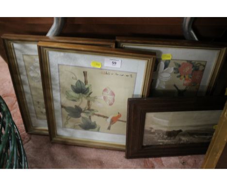 THREE ORIENTAL WATERCOLOURS OF BIRDS ON SILK TOGETHER WITH A CATTLE PRINT (4)