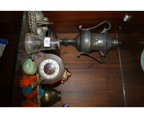 A SELECTION OF ASSORTED ITEMS TO INCLUDE A SILVER RIMMED GLASS VASE, PEWTER TROPHY, PELHAM PUPPET ETC