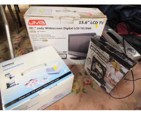 AN LCD TV / DVD PLAYER, FAN SPEAKER, PHOTO SCANNER AND VCR