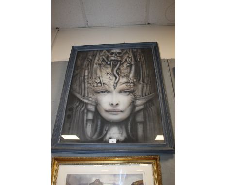 H. R. GIGER (1940-2014).  A surrealist portrait of a female queen alien figure 'Li II', artist signed dedication verso, print