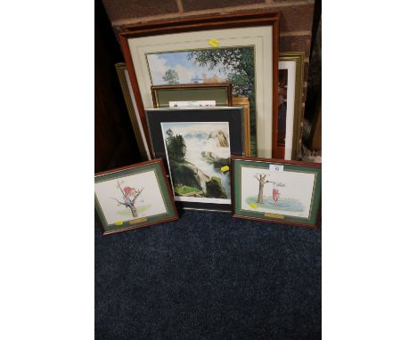 A QUANTITY OF MODERN COMICAL GOLFING PRINTS TOGETHER WITH A DOG PRINT