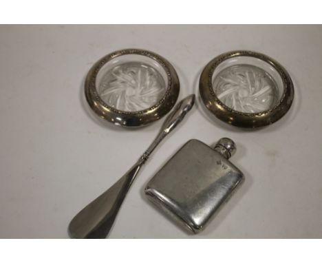 A PAIR OF SILVER MOUNTED DISHES, SHOE HORN, FLASK ETC