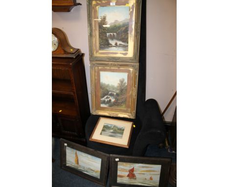 A PAIR OF FRAMED AND GLAZED OIL PAINTINGS OF WATERFALLS SIGNED COLLINS, TOGETHER WITH A SEASCAPE OF BOATS SIGNED A H BURY PLU
