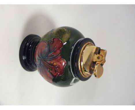 A MOORCROFT 'HIBISCUS' PATTERN TABLE LIGHTER, impressed and painted marks to base, overall H 11 cm