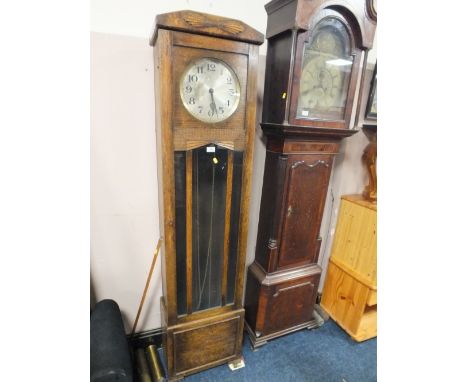 AN OAK ART DECO LONGCASE CLOCK WITH TWO WEIGHTS & PENDULUM