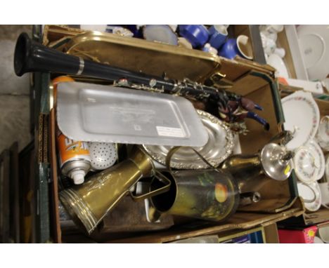 A TRAY OF ASSORTED METALWARE ETC. TO INCLUDE A CLARINET, SILVER PLATED TEAPOT ETC. 