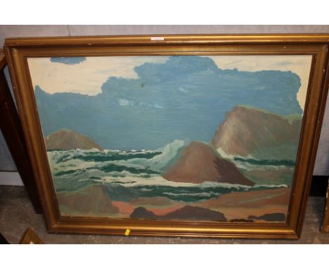 CIRCLE OF JACK WILKINSON SMITH (1873 - 1949). American school, stormy rocky coastal scene 'Rocky Shore; see label verso, unsi