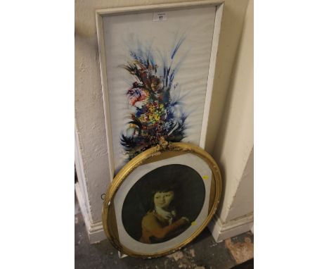 AN ABSTRACT FLORAL WATERCOLOUR TOGETHER WITH A PORTRAIT PRINT IN VINTAGE GILT OVAL FRAME