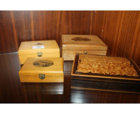 AN INLAID PLAYING CARD BOX, W 16 cm, D 12.5 cm, H 5 cm, together with a collection of three Mauchlin ware boxes (4)