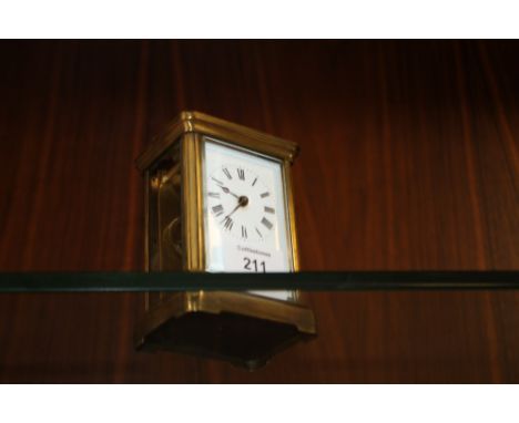 AN EARLY 20TH CENTURY BRASS CASED CARRIAGE CLOCK, the movement having lion passant logo for Duverdrey & Bloquel, H 14.5 cm (t
