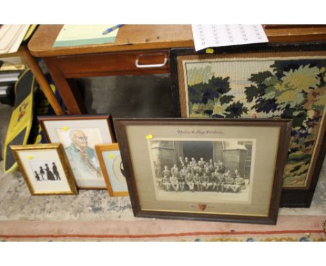 A COLLECTION OF PICTURES AND PRINTS TO INCLUDE SILHOUETTES, WATERCOLOUR PORTRAIT ETC.  