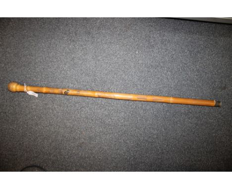 A VINTAGE ORIENTAL BAMBOO WALKING STICK / FISHING ROD, having root handle, the shaft with relief carved decoration and painte
