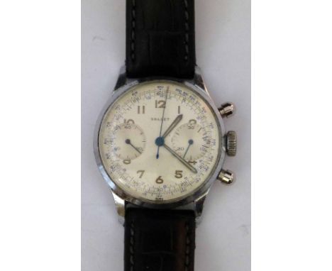 Gallet chronograph, white arabic dial, centre stop seconds, subsidiary constant secs and 30-min timer, stop/start on the band