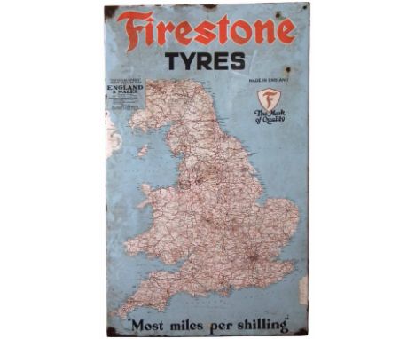 Firestone tyres map of England enamel sign 72cm x 122cm Condition report: Several areas of corrosion and enamel loss, some su
