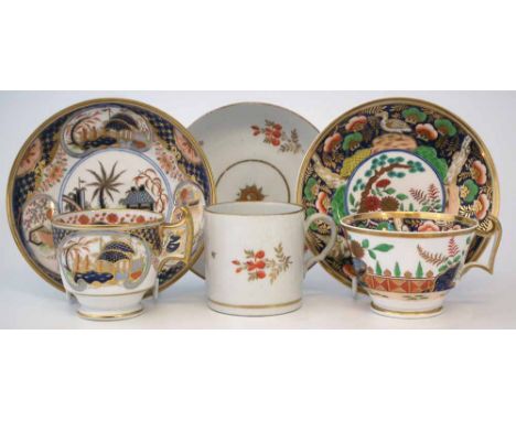 Spode London shape coffee cup and a tea cup and saucers circa 1810 finely painted with patterns 2696 and 488, painted marks t