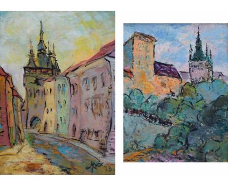 Father Nagy, 20th century, "Dracula's House" and "Dracula's Castle", monogrammed and dated '73, oil on board, 35 x 23.5cm.; 1