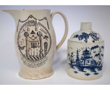 Creamware jug, pearlware tea caddy circa 1800 the caddy painted in underglaze blue with a pagoda, the jug printed on one side