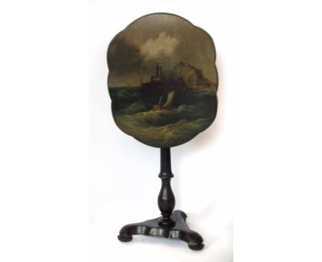 Victorian Papier Mache tip top table painted with a titled scene of Scarborough Light House, 67cm high