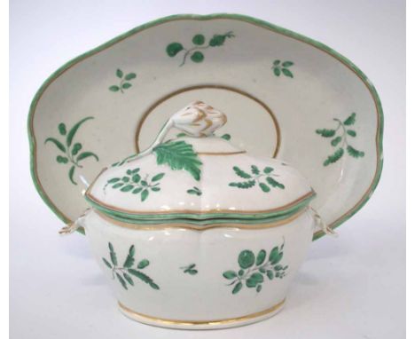 Worcester sauce tureen with cover and stand circa 1770, with twin moulded shell handles, painted with green scattered leaves 