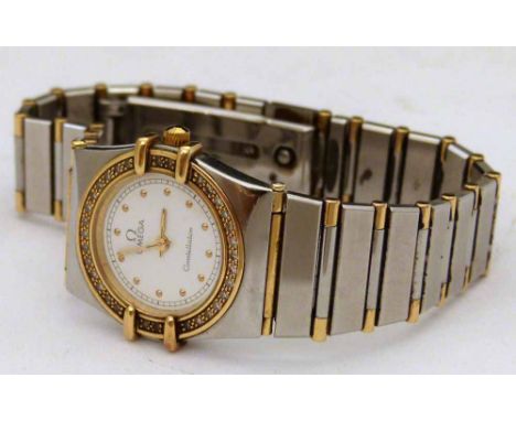 Lady's Omega Constellation quartz bracelet watch, stainless steel and gold, diamond bezel, white dial, case 24mm overall, on 